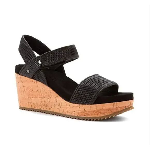 Eileen Fisher Demo Sandals 8.5 Black Leather Cork Wedge Platform Ankle Strap - Picture 1 of 7